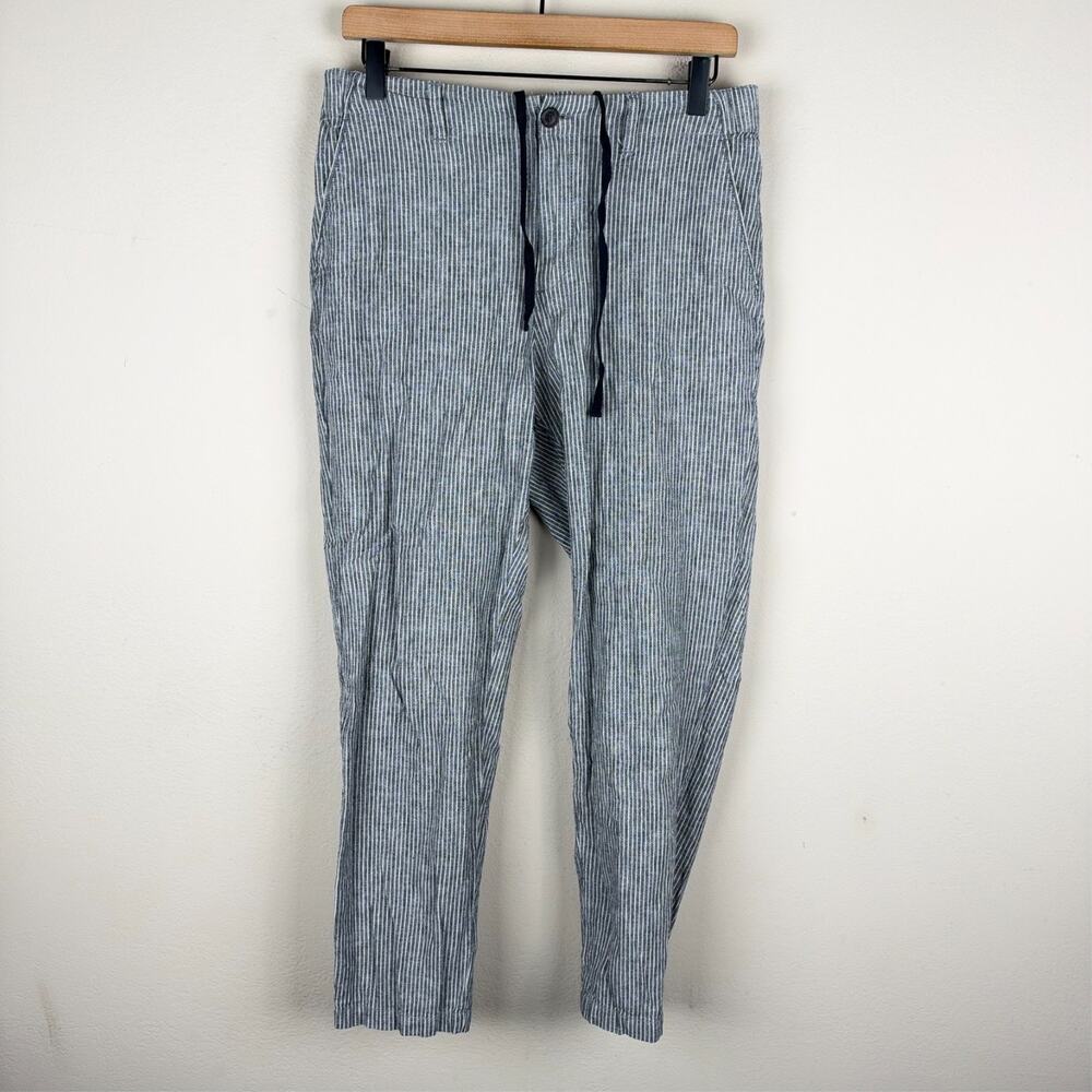 Uniqlo Cotton Linen Blend Gray Striped Ankle Pants Womens Sz L